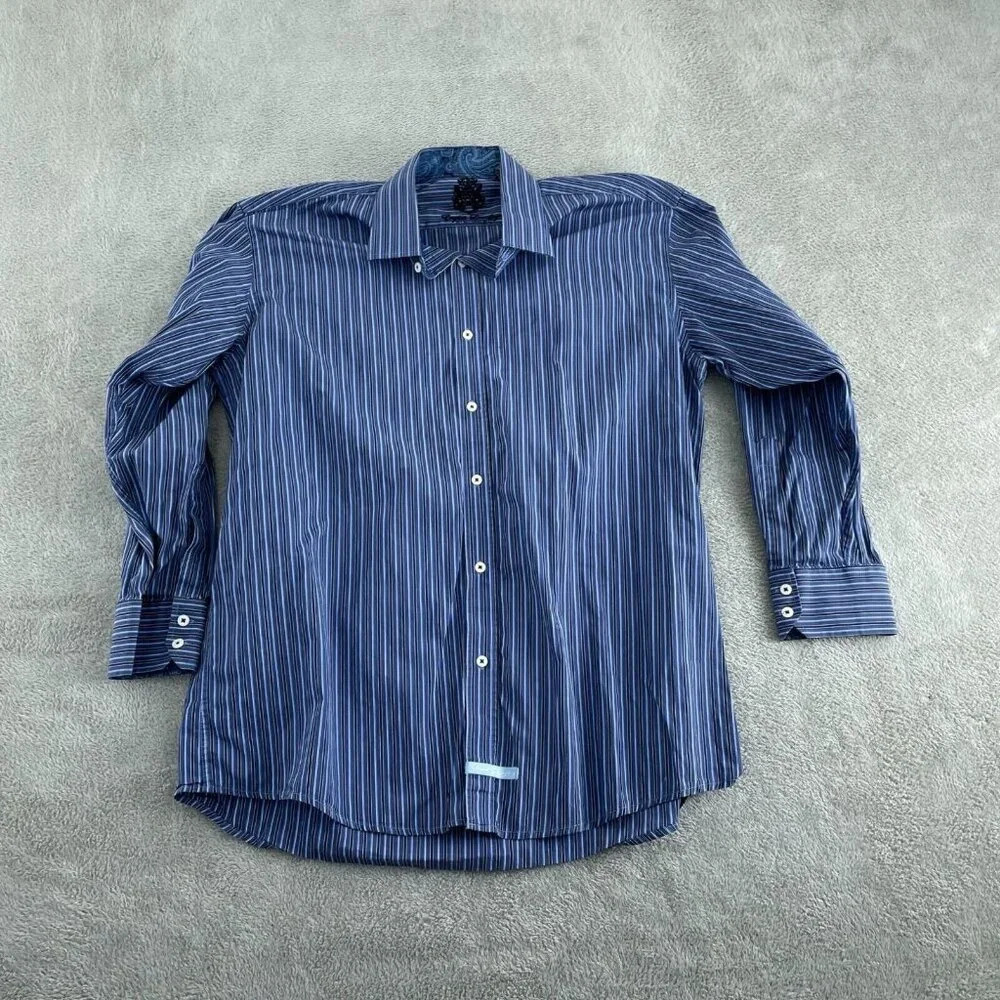 English Laundry By Christopher Wicks Mens Striped  Size 17 Blue 100% Cotton 4820